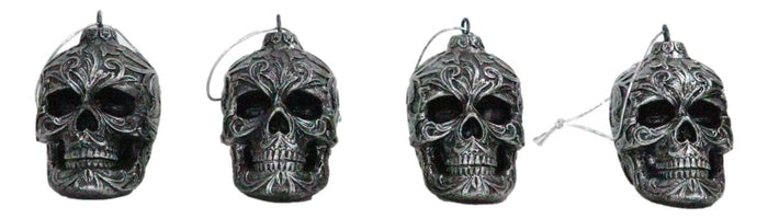 Ebros Gift Set Of 4 Day Of The Dead Faux Gunmetal Silver Tribal Tattoo Skull Tree Ornaments