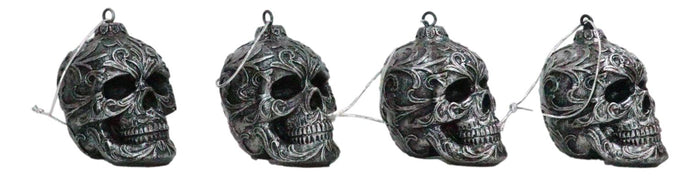Ebros Gift Set Of 4 Day Of The Dead Faux Gunmetal Silver Tribal Tattoo Skull Tree Ornaments