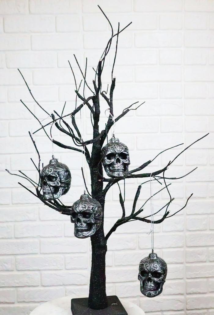 ebros gift Set of 4 Day Of The Dead Faux Gunmetal Silver Tribal Tattoo Skull Tree Ornaments