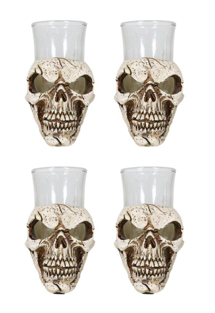 ebros gift Set Of 4 Gothic Graveyard Macabre Grinning Evil Skull Shot Glass Holder Figurine