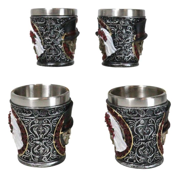 Ebros Gift Set Of 4 Love Never Dies Wedding Couple Skulls With Red Roses Shot Glasses