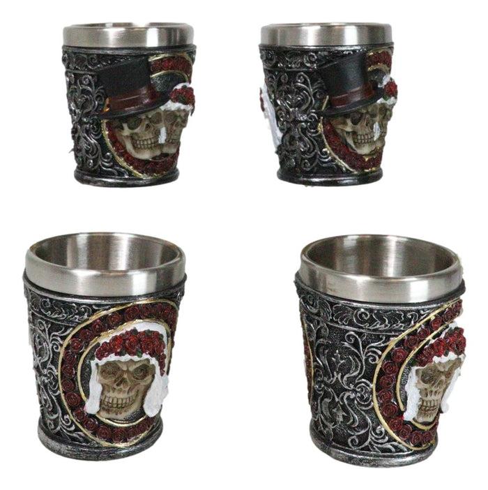 Ebros Gift Set Of 4 Love Never Dies Wedding Couple Skulls With Red Roses Shot Glasses