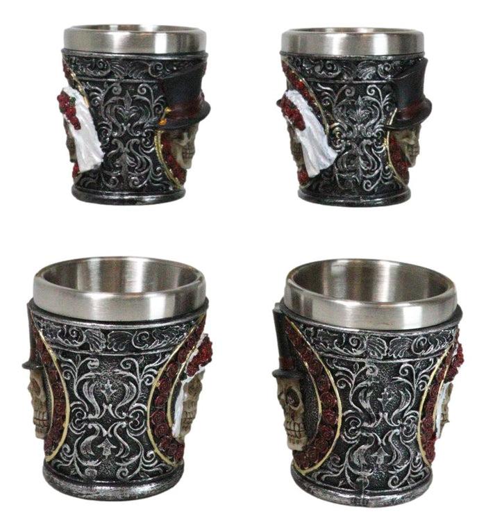 Ebros Gift Set Of 4 Love Never Dies Wedding Couple Skulls With Red Roses Shot Glasses