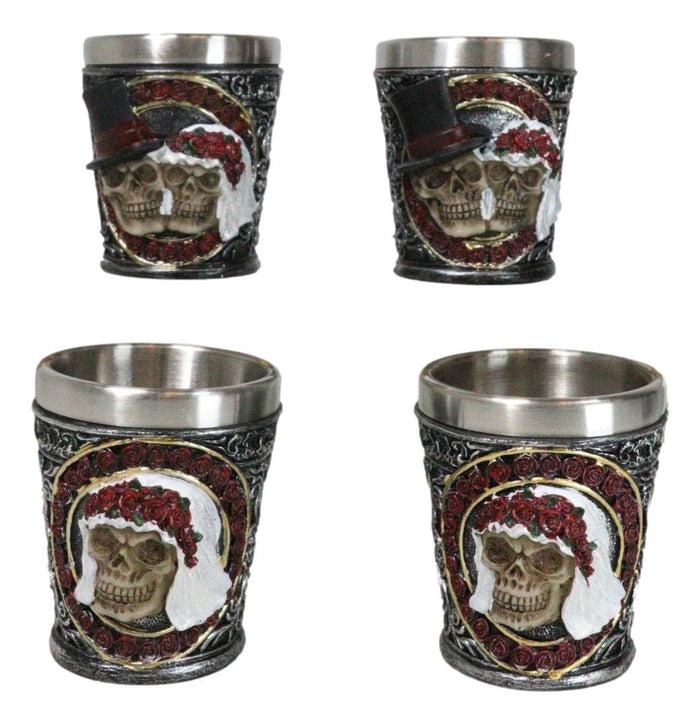 ebros gift Set Of 4 Love Never Dies Wedding Couple Skulls With Red Roses Shot Glasses