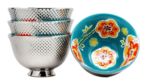 ebros gift Set of 4 Luxury Silver Plated Ceramic Personal Dining Bowls 6"D Ramen Soup Bowl