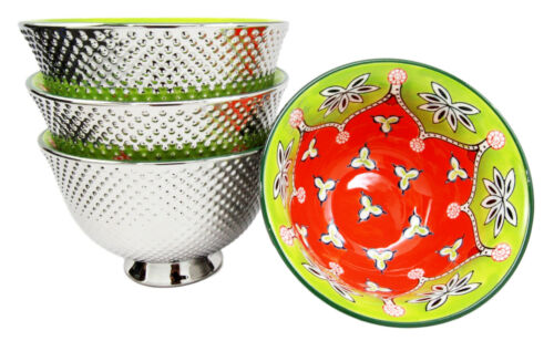 ebros gift Set of 4 Luxury Silver Plated Ceramic Personal Dining Bowls 6"D Green Clovers