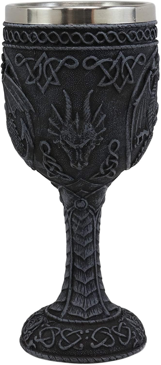 Ebros Gift Set Of 4 Medieval Dragon Wine Goblet Chalice Resin Body Stainless Steel Faux Stone