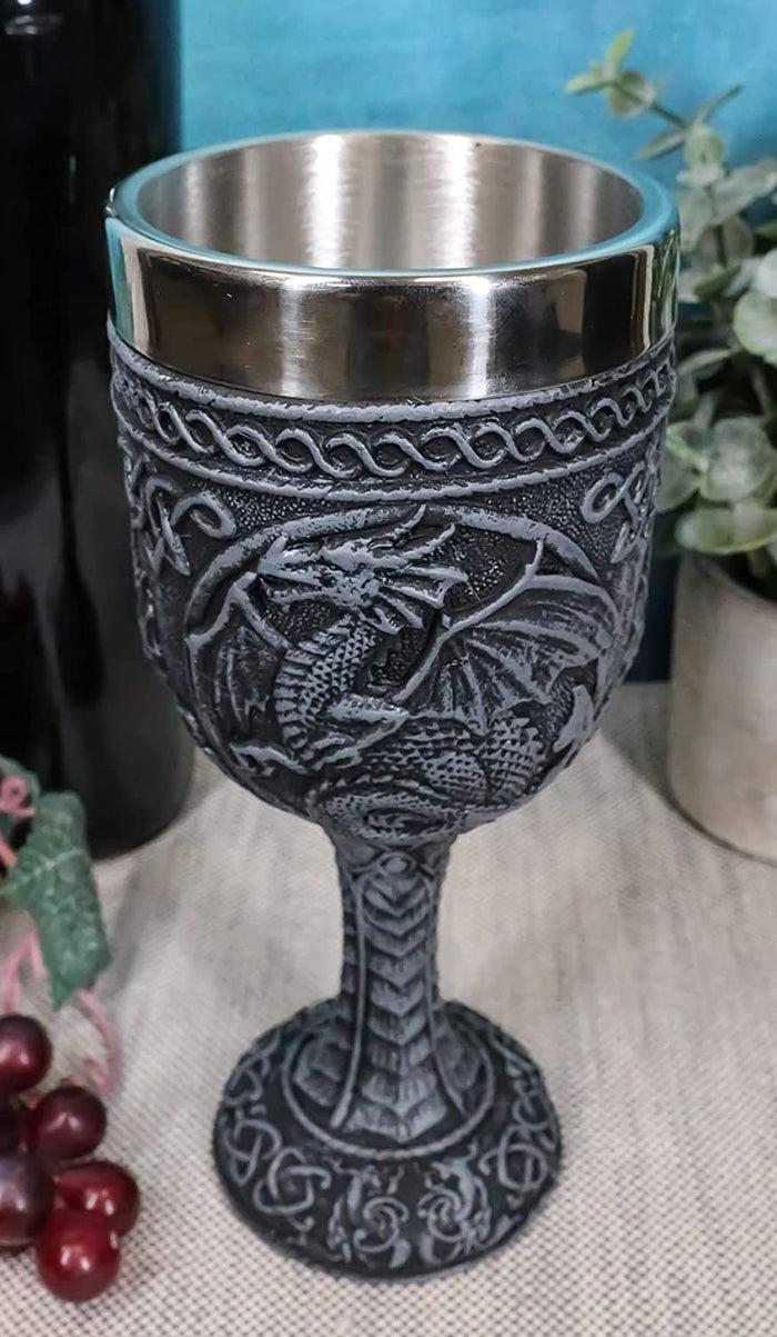 Ebros Gift Set Of 4 Medieval Dragon Wine Goblet Chalice Resin Body Stainless Steel Faux Stone