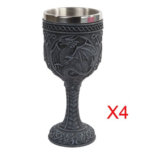 ebros gift Set of 4 Medieval Dragon Wine Goblet Chalice Resin Body Stainless Steel Faux Stone