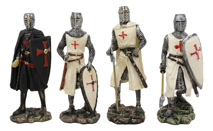 Ebros Gift Set Of 4 Medieval Templar Crusader Knights With Tunic Sword Axe Shield Figurines