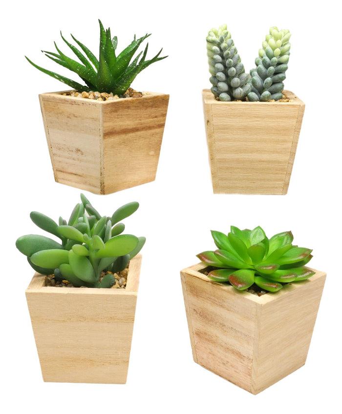 Ebros Gift Set Of 4 Realistic Artificial Botanica Green Succulents In Wooden Pots 4.75"H