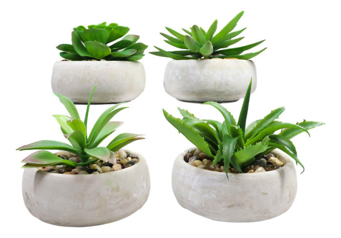 Ebros Gift Set Of 4 Realistic Artificial Botanica Plants Succulents In Cement Pot 7"Dia