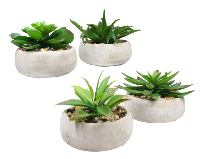 Ebros Gift Set Of 4 Realistic Artificial Botanica Plants Succulents In Cement Pot 7"Dia