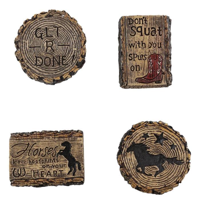 Ebros Gift Set Of 4 Rustic Western Wooden Craft Chip Slices Cowboy Horses Horseshoe Stars