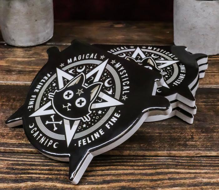 ebros gift Set Of 4 Wicca Occult Black Cat Catnip Pentagram Cauldron Ceramic Cork Coasters