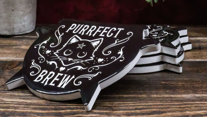 ebros gift Set Of 4 Wicca Occult Purrfect Brew Cat Pentagram Cauldron Ceramic Cork Coasters