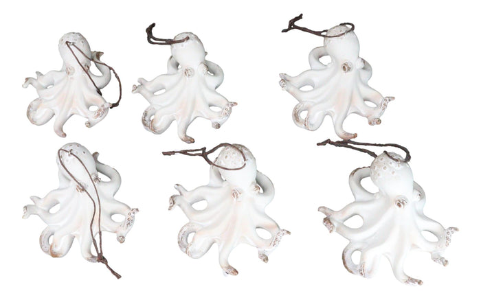 ebros gift Set Of 6 Antique White Octopus Ocean Marine Wall Hanging Decor Tree Ornaments