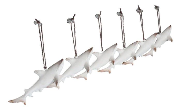 ebros gift Set Of 6 Antique White Sharks Ocean Marine Wall Hanging Decor Tree Ornaments