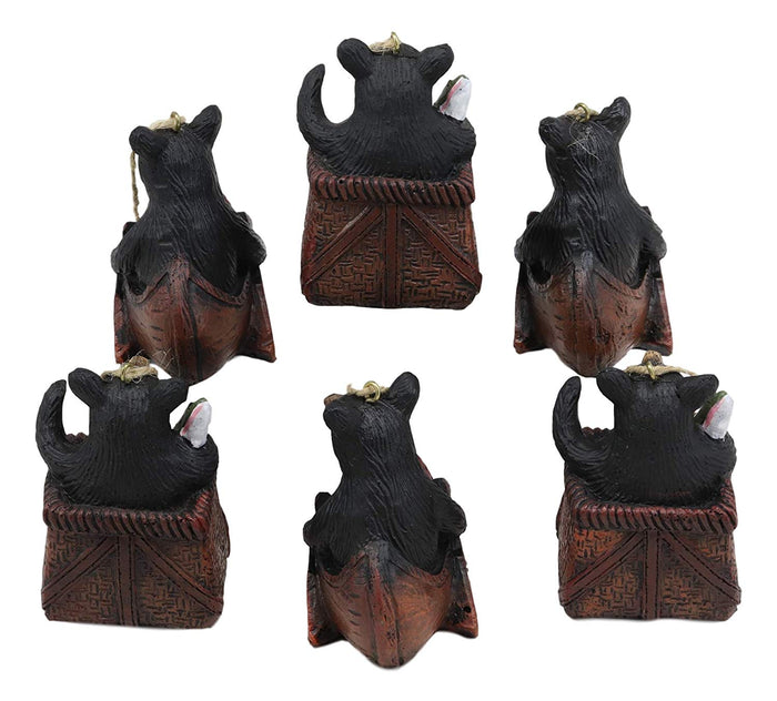Ebros Gift Set Of 6 Black Bears In Canoe Boat And Fishing Basket Christmas Tree Ornaments