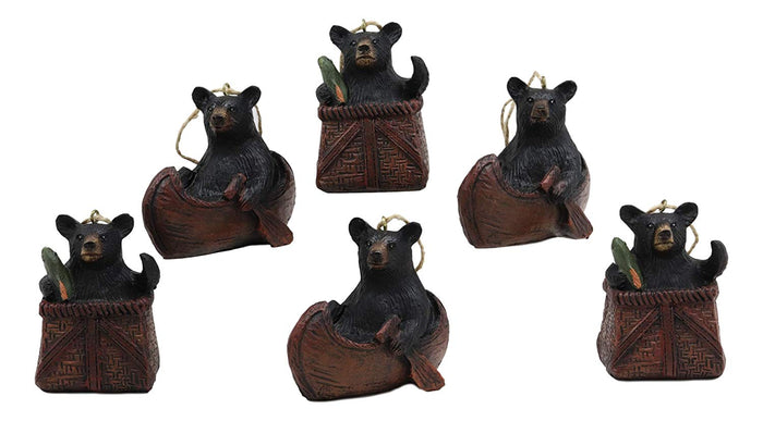 Ebros Gift Set Of 6 Black Bears In Canoe Boat And Fishing Basket Christmas Tree Ornaments