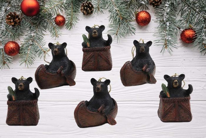 ebros gift Set of 6 Black Bears in Canoe Boat and Fishing Basket Christmas Tree Ornaments