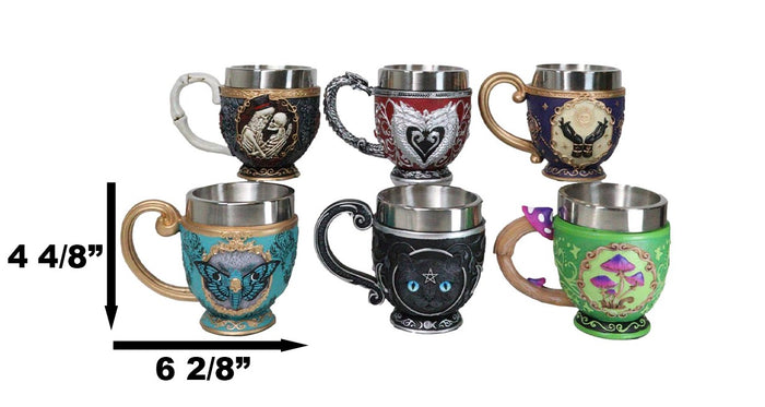 Ebros Gift Set Of 6 Colorful Cameo Tarot Moth Skeletons Dragons Cat Magic Tea Cup Mugs