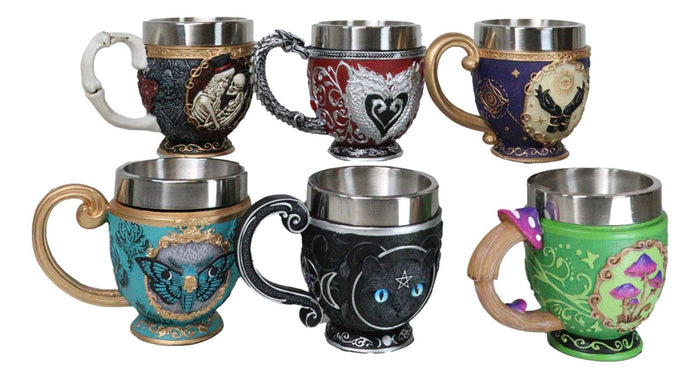 Ebros Gift Set Of 6 Colorful Cameo Tarot Moth Skeletons Dragons Cat Magic Tea Cup Mugs