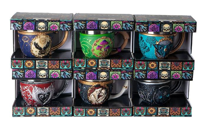 ebros gift Set Of 6 Colorful Cameo Tarot Moth Skeletons Dragons Cat Magic Tea Cup Mugs