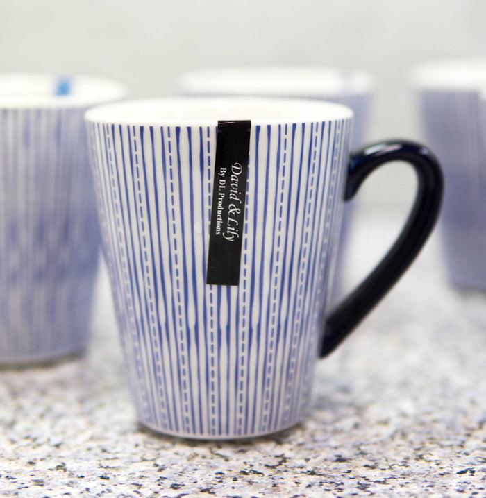 Ebros Gift Set Of 6 Eleanor Blue And White Linear Patterns Contemporary Porcelain Mugs 10oz