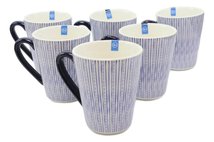 Ebros Gift Set Of 6 Eleanor Blue And White Linear Patterns Contemporary Porcelain Mugs 10oz