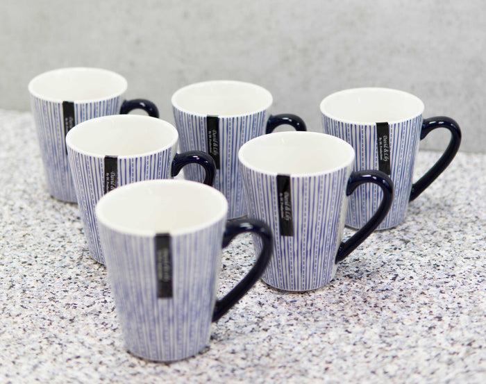 ebros gift Set of 6 Eleanor Blue And White Linear Patterns Contemporary Porcelain Mugs 10oz