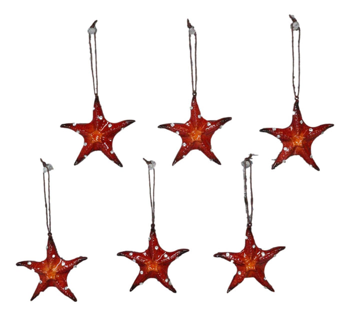 Ebros Gift Set Of 6 Red Starfish Sea Stars Ocean Marine Wall Hanging Decor Tree Ornaments