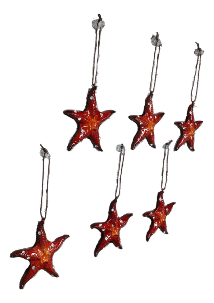 Ebros Gift Set Of 6 Red Starfish Sea Stars Ocean Marine Wall Hanging Decor Tree Ornaments