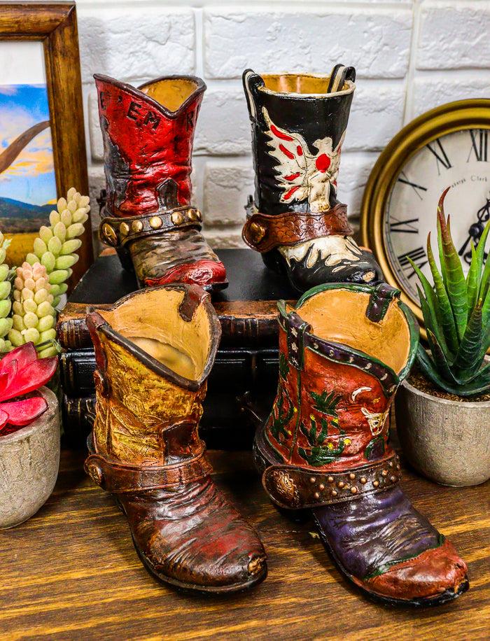 Ebros Gift Set Of 6 Rustic Western Tooled Leather Finish Cowboy Boots Miniature Figurines