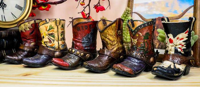 ebros gift Set of 6 Rustic Western Tooled Leather Finish Cowboy Boots Miniature Figurines