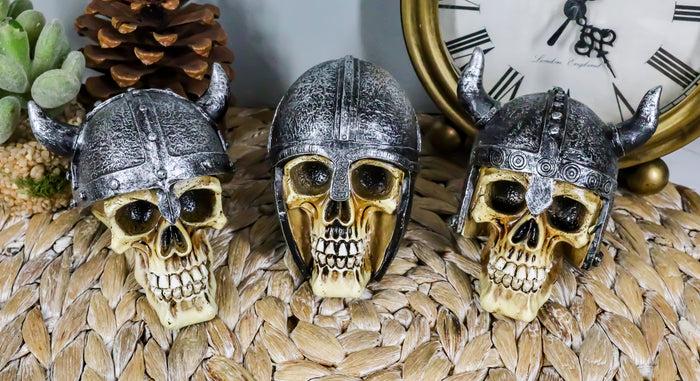 Ebros Gift Set Of Three Viking Warlords Skull With Battle Helmets Figurine Norse Mythology