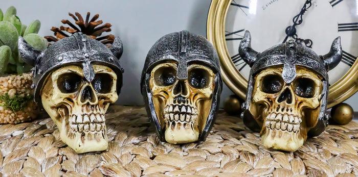 ebros gift Set of Three Viking Warlords Skull With Battle Helmets Figurine Norse Mythology