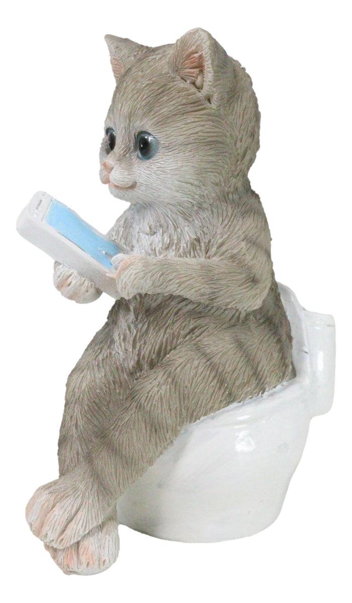 Ebros Gift Shorthair Grey Cat Kitten Bookworm With Book Sitting On Toilet Potty Figurine