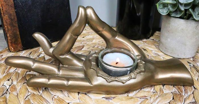 ebros gift Shunya Mudra Buddha Palm Votive Candle Holder Figurine 9.25"L Yoga Meditation