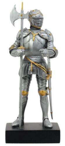 Ebros Gift Silver & Gold Italian Knight Figurine 9"H Medieval Suit Of Armor Battle Axeman