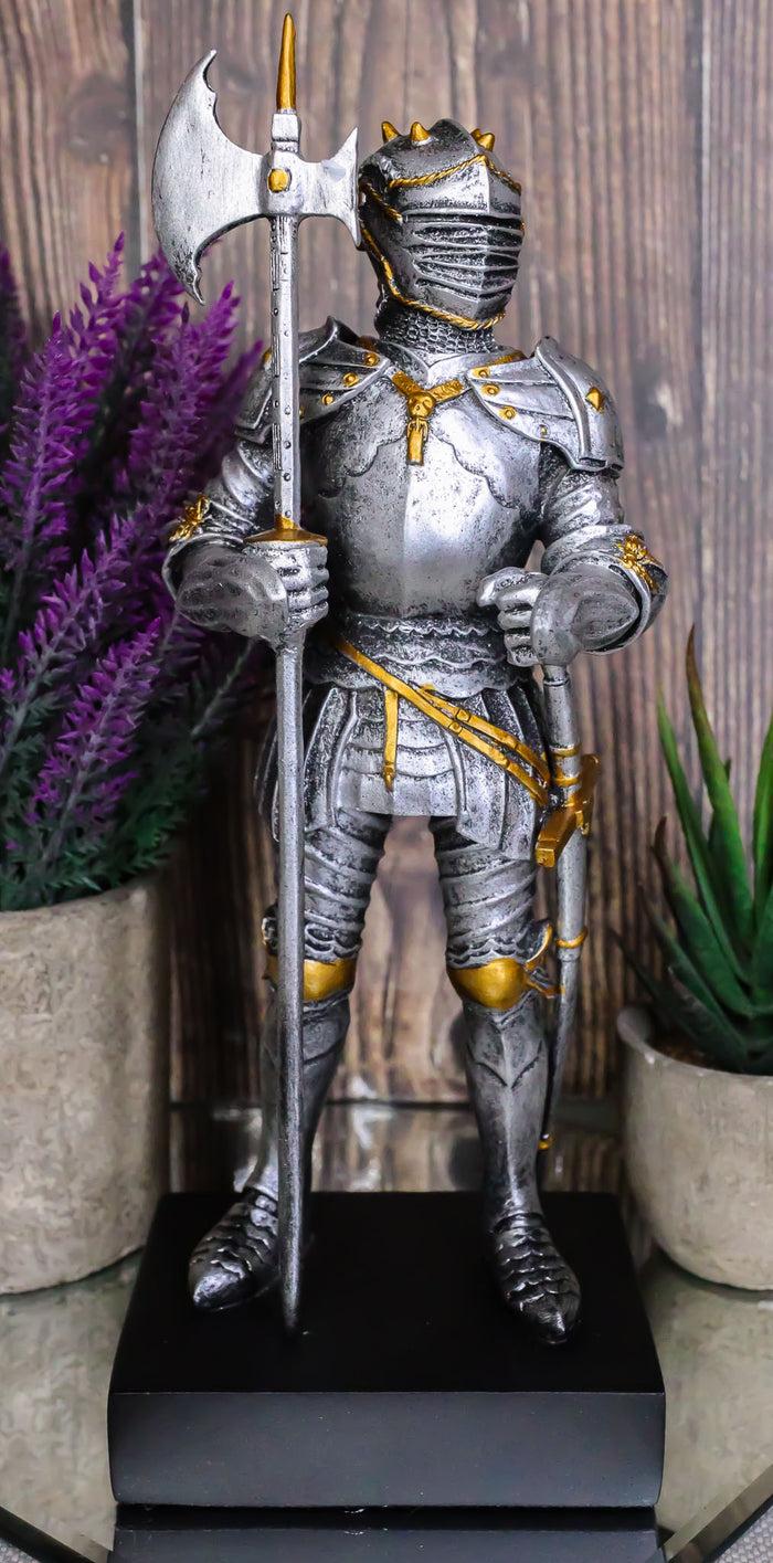 ebros gift Silver & Gold Italian Knight Figurine 9"H Medieval Suit Of Armor Battle Axeman
