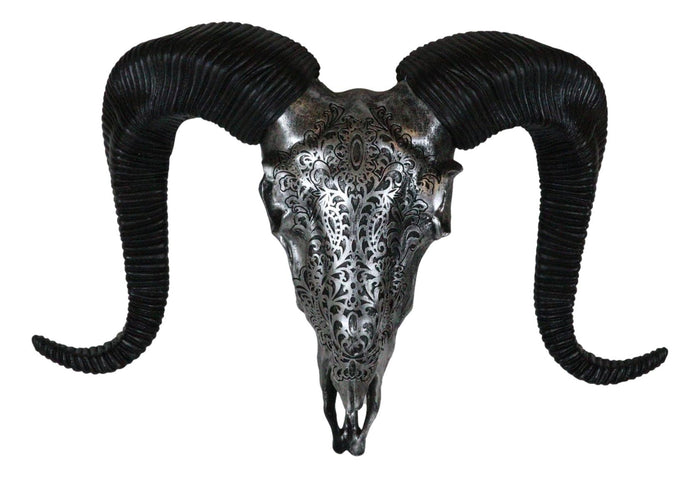 Ebros Gift Silver Tribal Floral Scroll Tooled Filigree Corsican Ram Skull Wall Decor 11"W