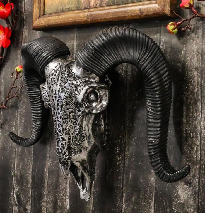 ebros gift Silver Tribal Floral Vines Tooled Filigree Corsican Ram Cow Skull Wall Decor