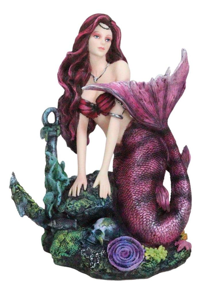 ebros gift Siren Mermaid Sitting By Sunken Ship Anchor Skull Corals Ocean Graveyard Statue
