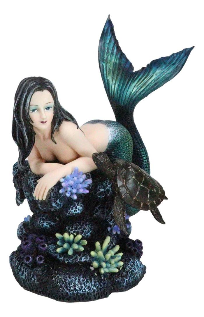 ebros gift Siren Mermaid With Iridescent Tail And Turtle Companion By Coral Rocks Statue
