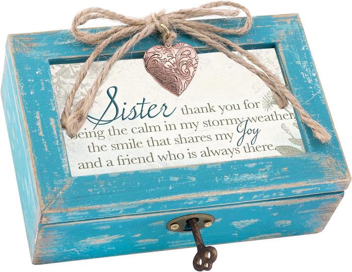 ebros gift Sister Thank You Calm And Joy Locket Heart Teal Wood Musical Trinket Box 4"X6"