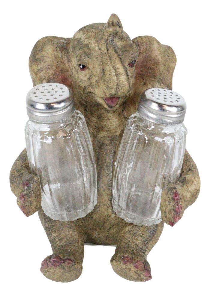 Ebros Gift Sitting African Safari Bush Elephant With Trunk Up Salt Pepper Shakers Holder