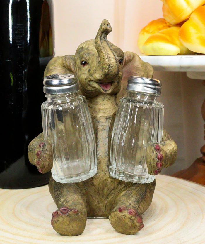 ebros gift Sitting African Safari Bush Elephant With Trunk Up Salt Pepper Shakers Holder