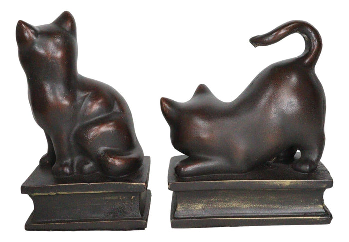 Ebros Gift Sitting And Crouching Feline Cat Resin Bookends 7" Tall Abstract Cat Statue Set