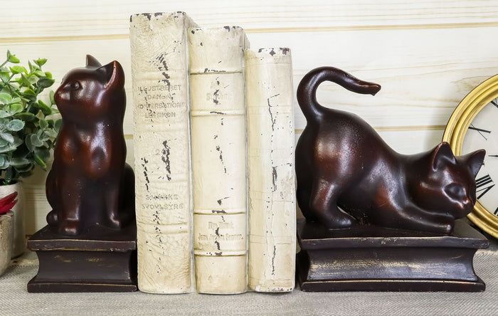 ebros gift Sitting And Crouching Feline Cat Resin Bookends 7" Tall Abstract Cat Statue Set
